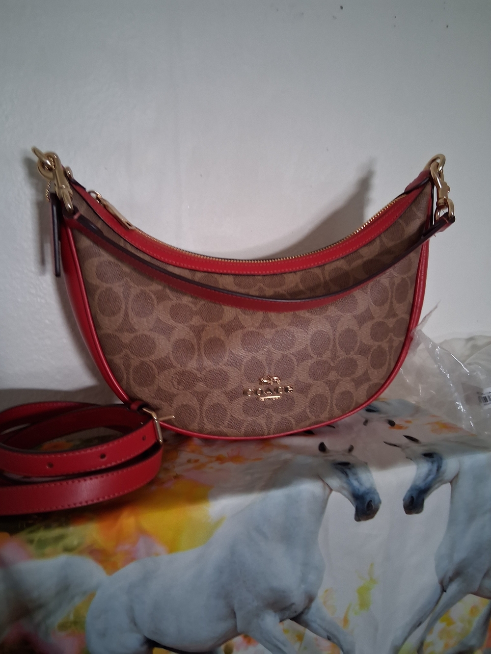 Coach Aria Brown Signature Crescent Shoulder Bag with Red Trim